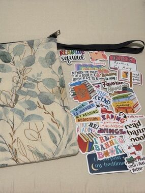 Floral Leaf Canvas Book Sleeve (in Green and Cream) With Several Book Stickers